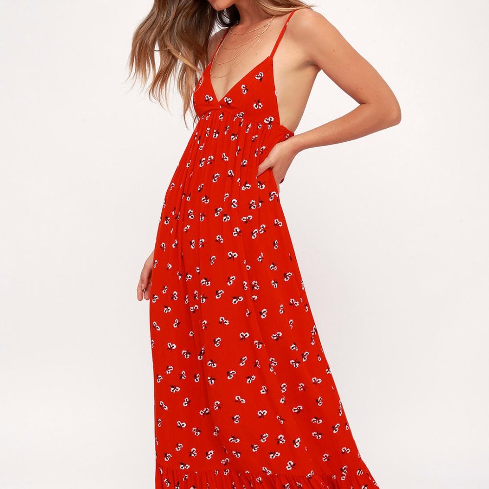 Billabong Red Floral Backless Maxi Dress - Medium